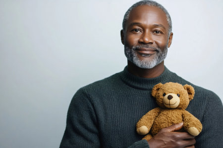 African American man gently holding a teddy bear, smiling with tenderness and evoking childhood memories and comfortの素材
