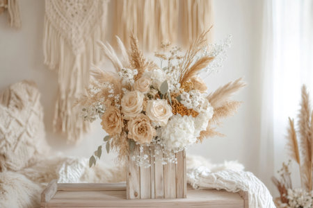 Floral arrangement featuring roses, hydrangeas, baby's breath, and pampas grass in a wooden box, decorating a neutral roomの素材