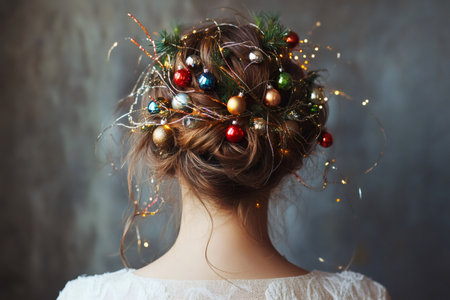 Womans back presenting a creative updo hairstyle decorated with colorful Christmas baubles, pine branches, and small lightsの素材