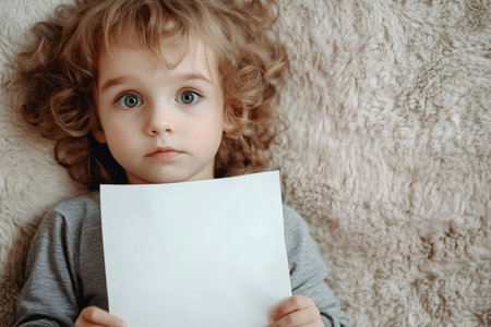 Young child with curly hair lying on a soft blanket, holding a blank white sheet of paper. Eyes looking directly at the viewerの素材