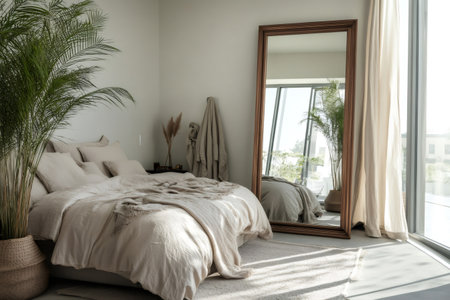 Contemporary bedroom featuring a large bed with neutral linen bedding, an oversized mirror, and a green plantの素材
