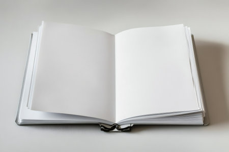 Open book presenting two blank white pages. Clean, minimalistic design providing ample copy space for text or visualsの素材