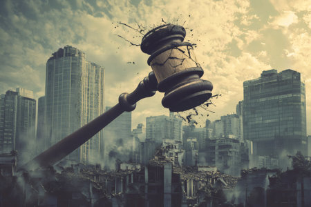 Broken wooden gavel smashing into a ruined city, symbolizing legal system collapse, crisis, and destruction of orderの素材