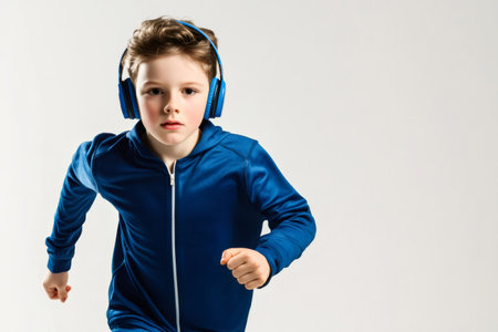 Young boy in a blue tracksuit and headphones jogging with focused determination on a light studio background, energetic and fitの素材