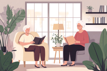 Two elderly women relaxing in a bright living room, reading books. Depicting a peaceful senior lifestyle and mental activityの素材