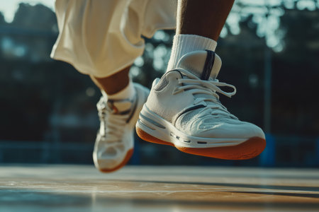 Close up of an athlete's legs and feet in motion, wearing white basketball shoes and shorts, jumping on a courtの素材