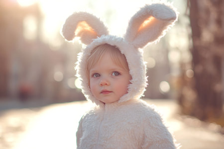 Cute toddler posing as a fluffy Easter bunny, portraying innocence, childhood joy, and spring celebrations in warm sunlightの素材