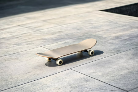 Skateboard deck resting on textured gray urban paving, casting shadows under bright sunlight, representing youthful urban sportの素材