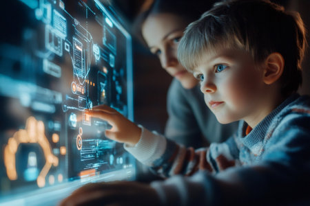 Young boy touching a transparent screen with glowing data. An adult is observing, representing future education and technologyの素材