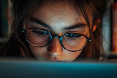 Young girl with glasses deeply focusing on a screen, reflecting blue light. This shows concentration on digital contentの素材
