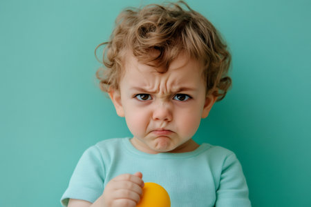 Child displaying emotions of anger and unhappiness. Little kid scrunching face and pursing lips against a green backgroundの素材