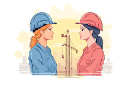 Two women wearing hard hats facing each other, symbolizing collaboration and women in engineering against a construction backgroundの素材