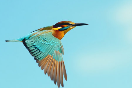 European bee eater bird showing vibrant plumage while flying with outstretched wings against a bright blue skyの素材