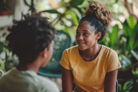 Young Black woman smiling and actively listening to an interlocutor, focusing on connection and understandingの素材