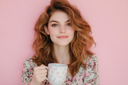 Young woman with wavy hair looking at camera, holding white floral mug on pink background, feeling happinessの素材