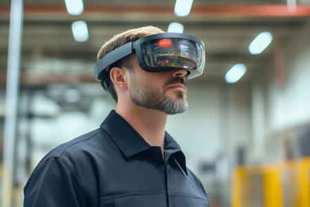 Man wearing an AR headset in an industrial environment, visualizing information for maintenance and smart factory operationsの素材
