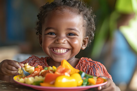 Smiling happy african child enjoying a plate of fresh, healthy, colorful vegetables, promoting nutrition and well beingの素材