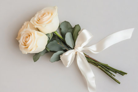 Three pale cream roses with eucalyptus leaves arranged as a simple wedding bouquet, elegantly tied with a soft silk ribbonの素材