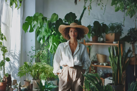 Young woman posing confidently in an indoor garden studio, surrounded by lush green plants, embracing nature and sustainable livingの素材