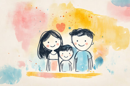 Happy family drawing, including parents and child, a heart floating above, all painted with a gentle watercolor styleの素材