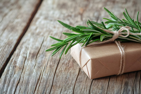 Kraft paper gift box, tied with twine and adorned with fresh rosemary sprigs, resting on a textured wooden surfaceの素材