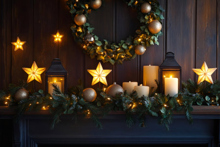 Mantelpiece decorated with glowing stars, burning candles, green pine garland, and golden baubles, creating a warm ambianceの素材
