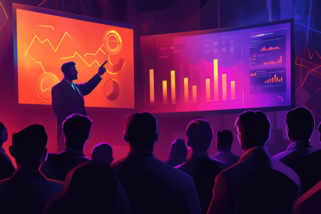 Businessman presenting market analysis data showing charts and graphs on big screens during a business conferenceの素材