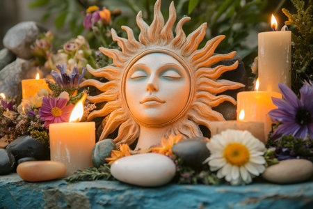Sun sculpture on a spiritual altar with burning candles, colorful flowers, and natural pebbles, celebrating solsticeの素材