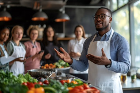 Chef instructor teaching food preparation and safety to a diverse group of aspiring culinary professionals in a modern kitchenの素材