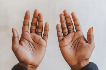 Two dark skinned hands with palms open, facing upwards against a light background. This gesture implies receiving, prayer, or offeringの素材