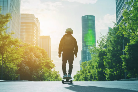 Person riding an electric skateboard through a city, highlighting modern urban mobility and sustainable transportationの素材
