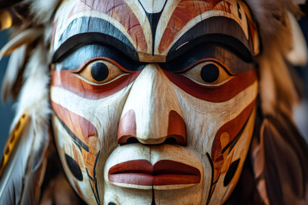 Carved wooden mask close up showcasing intricate patterns, vibrant colors, and feathers, representing Indigenous cultural heritageの素材
