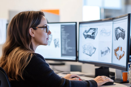 Female architect wearing glasses working with CAD software, reviewing digital blueprints and architectural models on dual monitors in an officeの素材