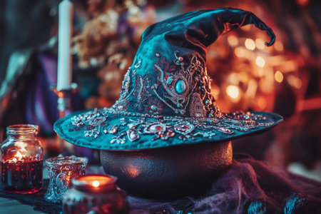 Ornate witch's hat adorned with gems and embroidery sitting atop a cauldron, surrounded by glowing candles, creating a mystical sceneの素材