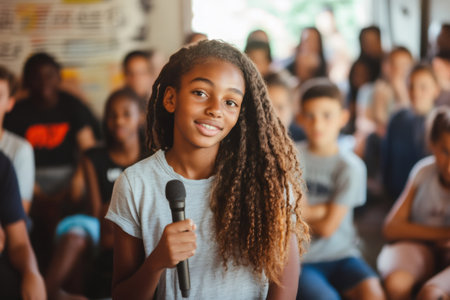 Confident young Black girl holding a microphone, standing in front of a diverse group of children, speaking at a community eventの素材
