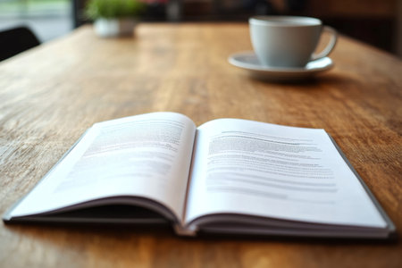 Document displaying text with a coffee cup in the background, representing study, review, or business readingの素材