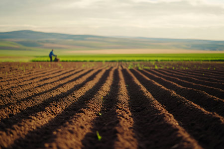 Farmer working in a tilled field, planting crops in parallel rows. Concept of agriculture, growth, and sustainable farmingの素材