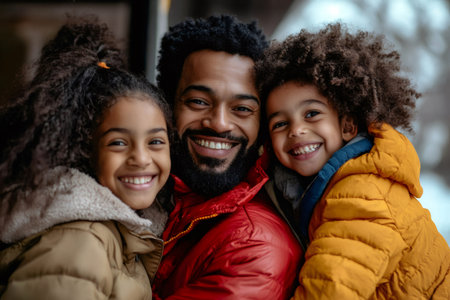 African American father hugging his two children outdoors during winter, all smiling brightly into the cameraの素材