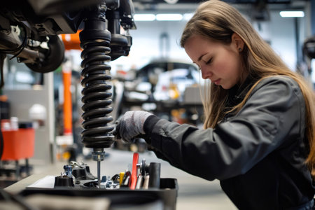 Female mechanic working on automotive parts, tightening bolts on a car suspension module in a professional garage environmentの素材