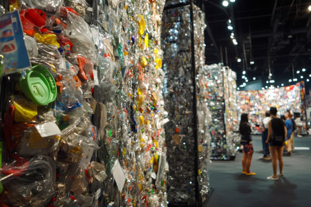 Large scale art installation with towering walls of compressed plastic waste, highlighting environmental impact and consumerismの素材