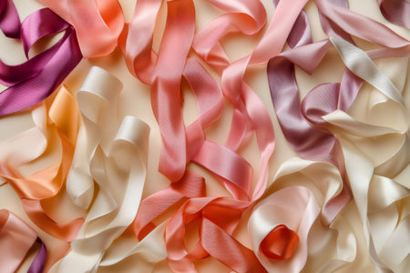 Satin ribbons in a variety of soft pastel colors scatter across a surface, creating a beautiful elegant background textureの素材