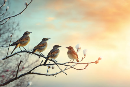 Small birds sitting together on a snow covered tree branch against a soft pastel sky, connecting with nature and winterの素材