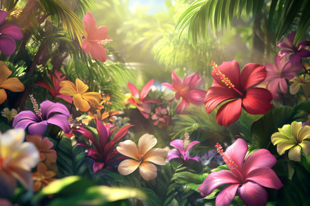 Lush tropical garden featuring various vibrant hibiscus and plumeria flowers blooming amidst green foliage. Soft light illuminates the colorful plantsの素材