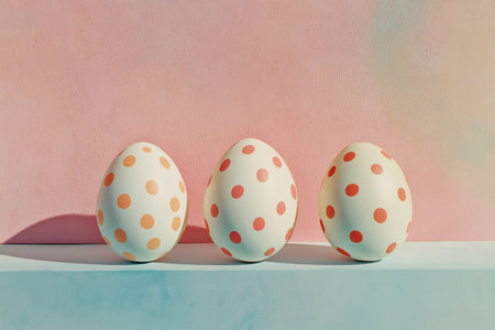 Polka dot patterned eggs arranged on a blue surface, set against a soft pink background. Perfect for Easter and spring themesの素材