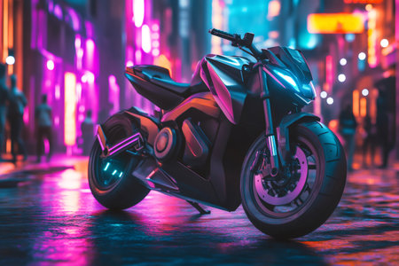Electric sports bike showcasing matte black design and vibrant neon accents on a wet urban street at night, reflecting bright city lightsの素材