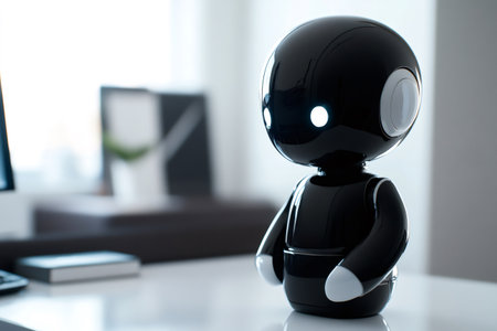 Small black humanoid robot with glowing eyes on a white desk, symbolizing future technology and smart assistance in an officeの素材