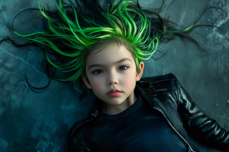 Young child lying down, featuring bold green hair and a serious gaze against a dark, textured backgroundの素材