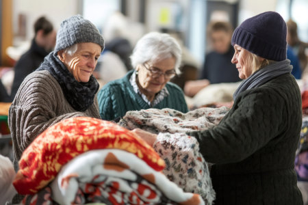 Senior community members selecting warm donated blankets at an indoor charity distribution, volunteers offering care and supportの素材