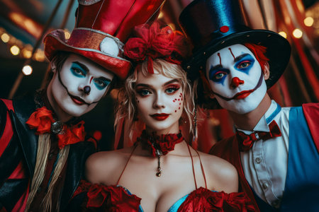 Group of performers wearing elaborate theatrical clown makeup and vibrant vintage circus inspired costumes, creating a dark fantasy atmosphereの素材