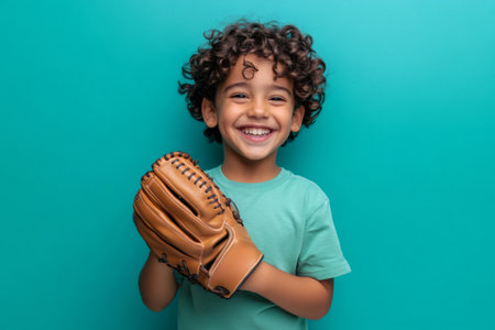 Smiling young Latinx boy holding a baseball glove, expressing childhood joy and readiness to play. Sports and fun conceptの素材